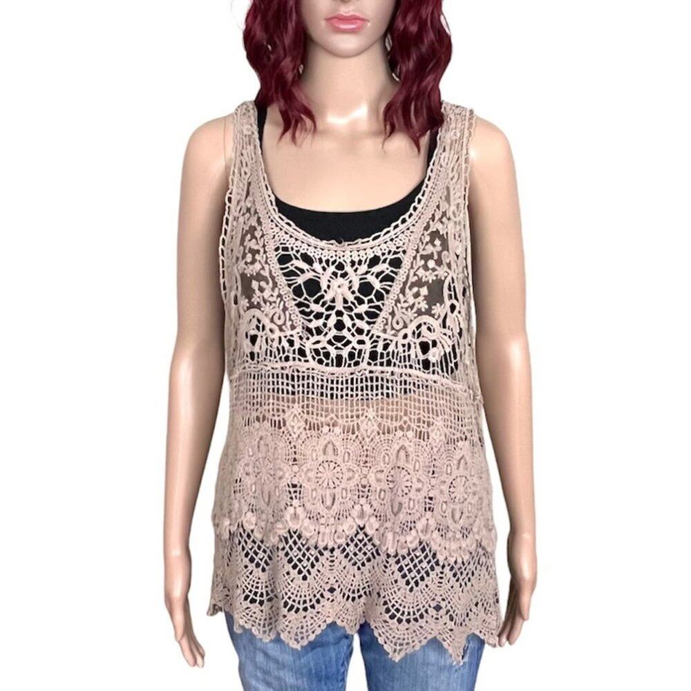 Boho Crochet Open Knit Top Medium Taupe/Beige